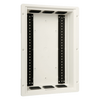 Resi-Linx enclosure interior showing vertical mounting rails and cable entry holes for routers and switches