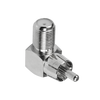 Close view of Digitek RCA male plug and F-type female connector on right-angle adaptor Close view of Digitek RCA male plug and F-type female connector on right-angle adaptor