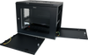 Open Datatek 24B9RW64FPS cabinet showing removable side panels and fixed shelf for networking equipment installation