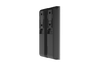 Side view of Ajax DoorProtect Plus black sensor detecting tilt angle, with 5-year battery and anti-jamming frequency hopping.