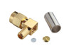 Close-up of Hills Antenna SMA Male Right Angle Crimp Connector for LL195 & RG-58 Mini Cable, highlighting gold-plated brass body and 90-degree bend for compact RF terminations