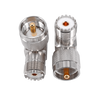 Close-up of Hills Antenna BC85304 right-angle adapter, showcasing nickel-plated brass PL-259 male to SO-239 female connectors for tight 90-degree RF links