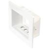 Close-up front view of Hills Antenna Recessed Wall Box - White showing the flush-mounted design with brush insert for clean cable pass-through behind TVs or appliances