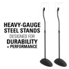 Heavy-gauge steel Sanus speaker stands in black powder-coat for satellite audio setup