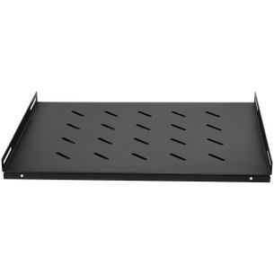 Black fixed shelf with cage nuts included for greater weight capacity in data center