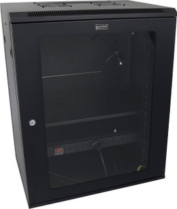 Datatek 24B15RW64FPS 15U wall mount cabinet front view with tempered glass door and black powder coated frame for 19\" racks