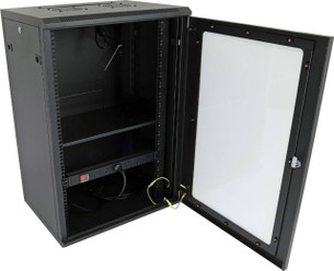 Open Datatek 24B18RW64FPS cabinet showing PDU  and fixed shelf for networking equipment installation
