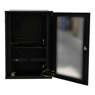 Toughened glass door open on Datatek 24B18R66FPS wall cabinet showing installed fans pdu and shelfs