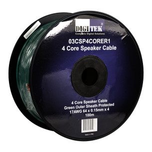 Digitek 03CSP4CORER1 4-core green speaker cable 100m reel with OFC strands, 7.5mm PVC jacket for high-fidelity home theater connections
