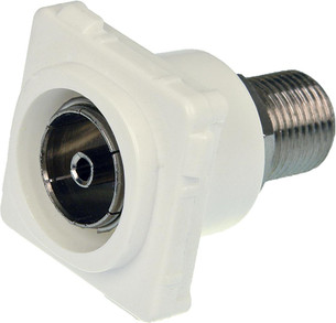 Closeup of white ABS plastic Digitek PAL insert showing F female to PAL female ports for antenna setup