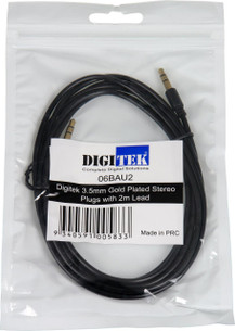 Digitek 2m 3.5mm male to male stereo aux cable gold plated black in hang sell packaging