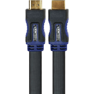 Close-up of Hills Antenna flat HDMI gold-plated male end and OFC conductors, slim PVC jacket for weather-tight 4K@60Hz transmission