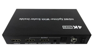 Close-up of ProquipDigital splitter HDMI inputs/outputs, TOSLINK/3.5mm audio extracts, and resolution selector for HDR scaling