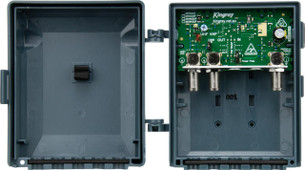 Kingray MHU25F UHF masthead amplifier in weatherproof housing with F-Type connector, 25dB gain and 4G/5G filtering for FTA TV