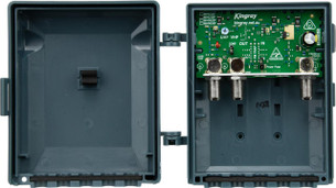 Kingray MHU35FS UHF masthead amplifier in fully shielded die-cast housing with F-Type connector, 35dB gain and 4G/5G filtering for FTA TV