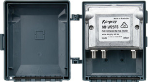 Close-up of Kingray MHW25FS gain/tilt dials and FM switch, 4G/LTE filtered for clean digital signals