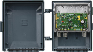Kingray MHW35FS VHF/UHF masthead amplifier in fully shielded die-cast housing with F-Type connectors, 35dB UHF gain for FTA TV