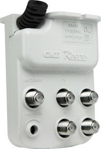 Close-up of Kingray SA164F 8dB VHF gain dial and F-Type connectors, low-noise <4dB for clear signal boosting