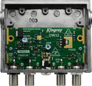 Close-up of Kingray DW32 gain dials, slope adjustment, and -30dB test point for easy UHF/VHF tuning