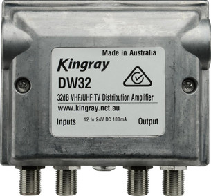 Kingray DW32 terrestrial distribution amplifier in die-cast housing with F-Type VHF/UHF inputs, 32dB gain for FTA TV boosting