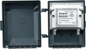 Close-up of Kingray MDA20HT weatherproof die-cast shell and combined VHF/UHF F-Type input/output, low noise <1.6dB for digital signals