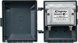 Close-up of Kingray MDA20UT weatherproof die-cast shell and F-Type input/output, low noise <1.6dB for digital signals