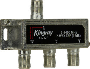 Side view of Kingray KT212F input, two tap outputs, and DC power pass-through, easy F-Type connections for beginners