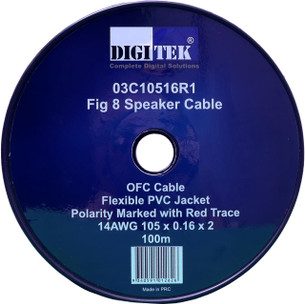 Digitek 100m 14AWG speaker cable labeled plastic reel, 2 x 3.7mm for powerful audio applications