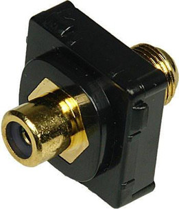 Closeup of black ABS plastic Digitek black RCA insert showing recessed F female to yellow RCA female ports