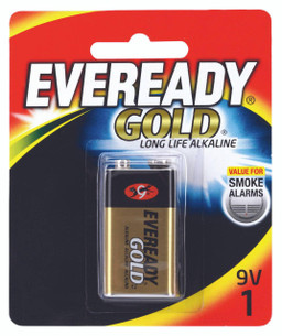 Eveready Gold A522BP1 1-pack battery in original blister packaging, highlighting the brand logo and device compatibility icons for smoke detectors and remotes