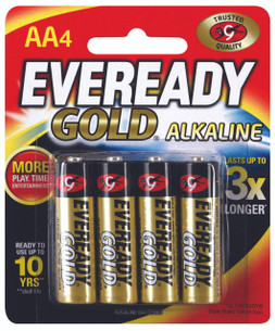 Eveready Gold AA 4-pack batteries in original blister packaging, highlighting the brand logo and device compatibility icons for remotes and clocks