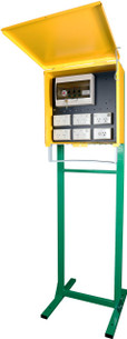 Digitek 27MBTSG Single Phase Temporary Meter Box with green stand and gold enclosure, fully wired for Australian construction sites