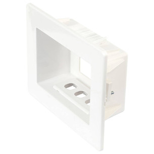 Close-up front view of Hills Antenna Recessed Wall Box - White showing the flush-mounted design with brush insert for clean cable pass-through behind TVs or appliances
