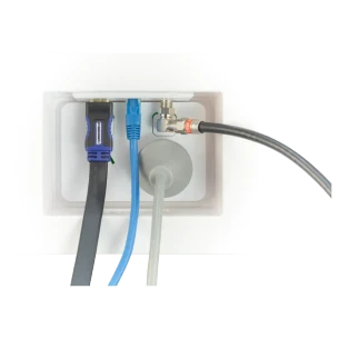 Hills Antenna Recessed Wall Box - White with Clipsal 3025VW GPO and cables plugged