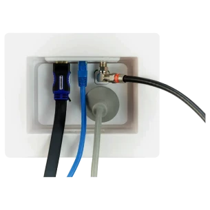 Hills Antenna White Recessed Wall Box with Clipsal Double PDU and cables plugged