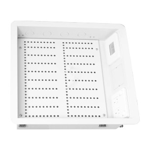 Hills Antenna Recessed AV Wall Box installed behind wall-mounted TV