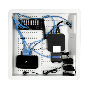 Hills Antenna Recessed AV Wall Box installed behind wall-mounted TV