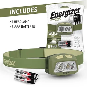 ENERGIZER HEADLAMP HDL50 with 500 Lumens showing package contents
