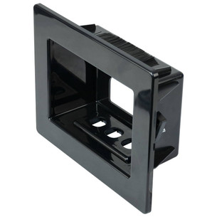 Close-up front view of Hills Antenna Recessed Wall Box - Black showing the flush-mounted design with brush insert for clean cable pass-through behind TVs or appliances