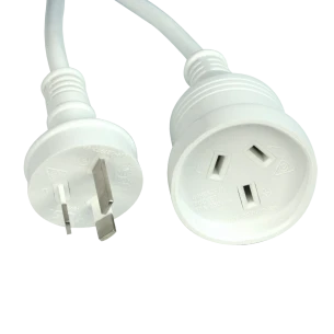 Closeup of plugs of Hills Antenna 5m White Power Extension Lead