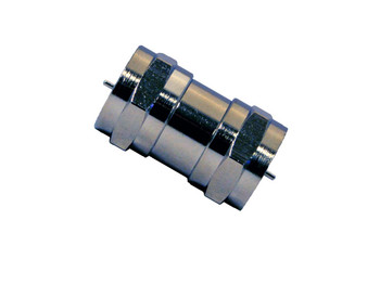 Close-up of BC15306 screw-on barrel connector, highlighting male F-Type ends for secure signal extension