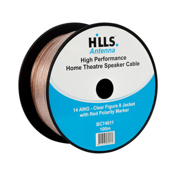 Hills Antenna BC74611 14AWG speaker cable 100m reel clear PVC with red polarity