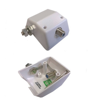Hills Antenna BC88214B white Foxtel approved earthing skirting plate showing F-Type barrel and earth bonding terminal