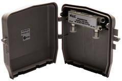 Close-up of zinc die-cast FC658272A showing F-connectors and earth point