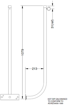 Schematic diagram of FB607024A curved galvanised riser with pig tail loop and weather cap showing dimensions