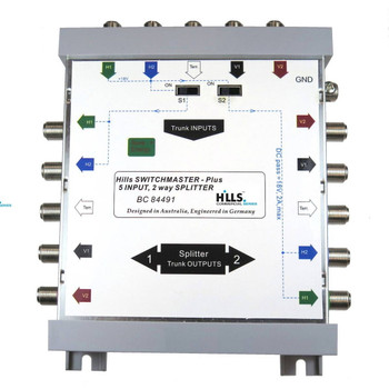 Hills Antenna BC84491 2-way 5-wire splitter ready to be installed in Foxtel SMATV cabinet