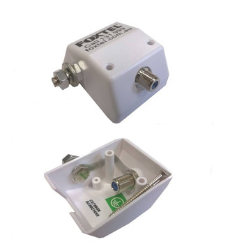 Hills Antenna BC88214HR high-return-loss earthing skirting plate white showing high-return-loss F-Type barrel and earth terminal