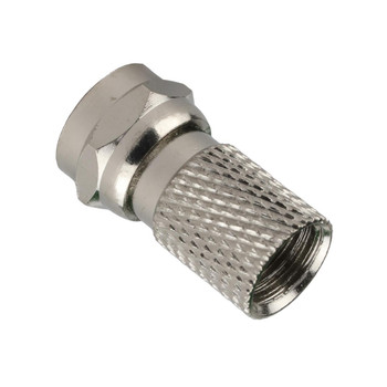 Close-up of Hills Antenna BC14302 male F-Type connector, highlighting tool-free design and quad shield cable compatibility