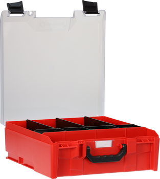StorageTek Case Large Clear PC Lid c/w dividers-Red with Black Clasps