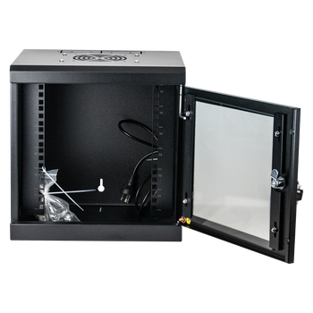 Reversible vented door on black DataTek 6U wall mount cabinet showing cooling fan